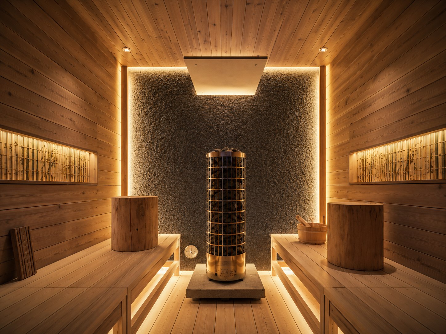 The serene interior of the wood-fired sauna