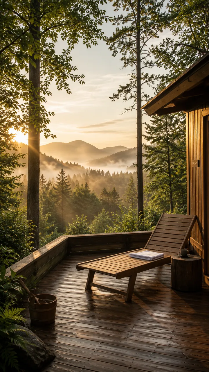 A forest cabin at dusk